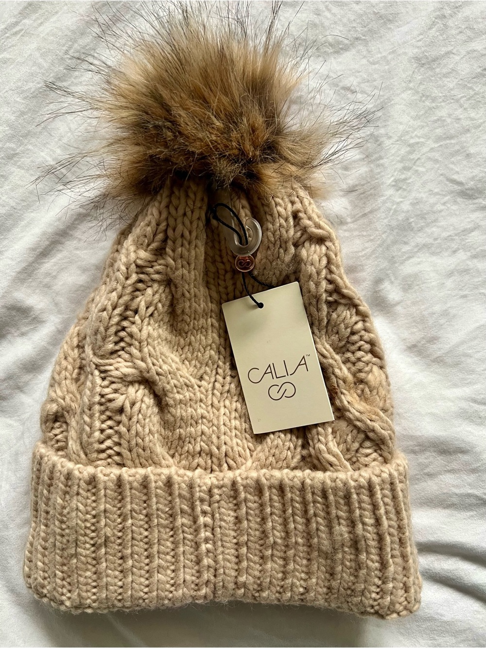 NWT CALIA Cable Knit Pom Beanie in Beige